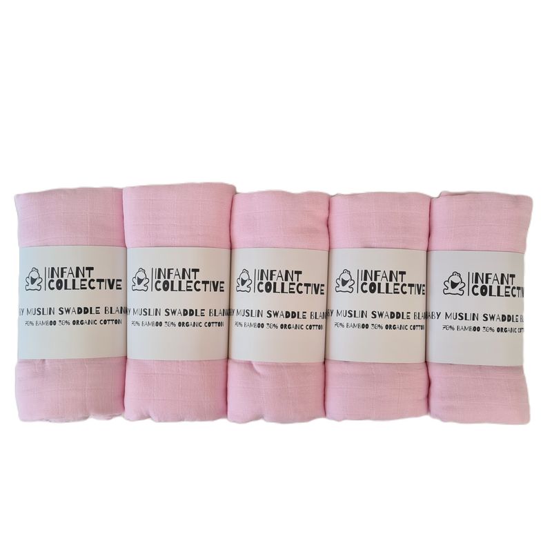 Infant Collective, Extra Large Baby Muslin, Swaddle, Cloth Gift Box Set, 100% Organic Cotton (70% Bamboo/30% Cotton) 120x120cm, Pink x5