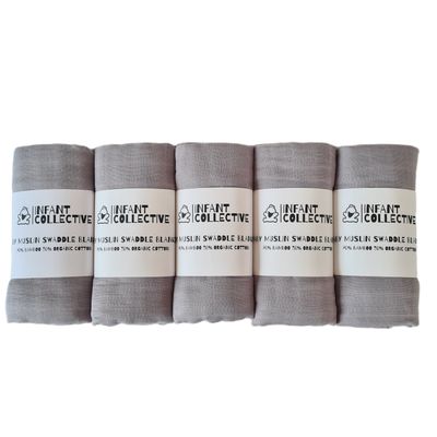 Infant Collective, Extra Large Baby Muslin, Swaddle, Cloth Gift Box Set, 100% Organic Cotton (70% Bamboo/30% Cotton) 120x120cm, Grey x5