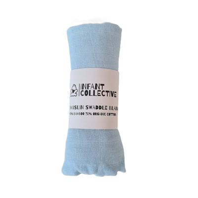 Infant Collective, Medium, Baby Muslin, Swaddle, Cloth, 100% Organic Cotton (70% Bamboo/30% Cotton) 60x60cm, Blue