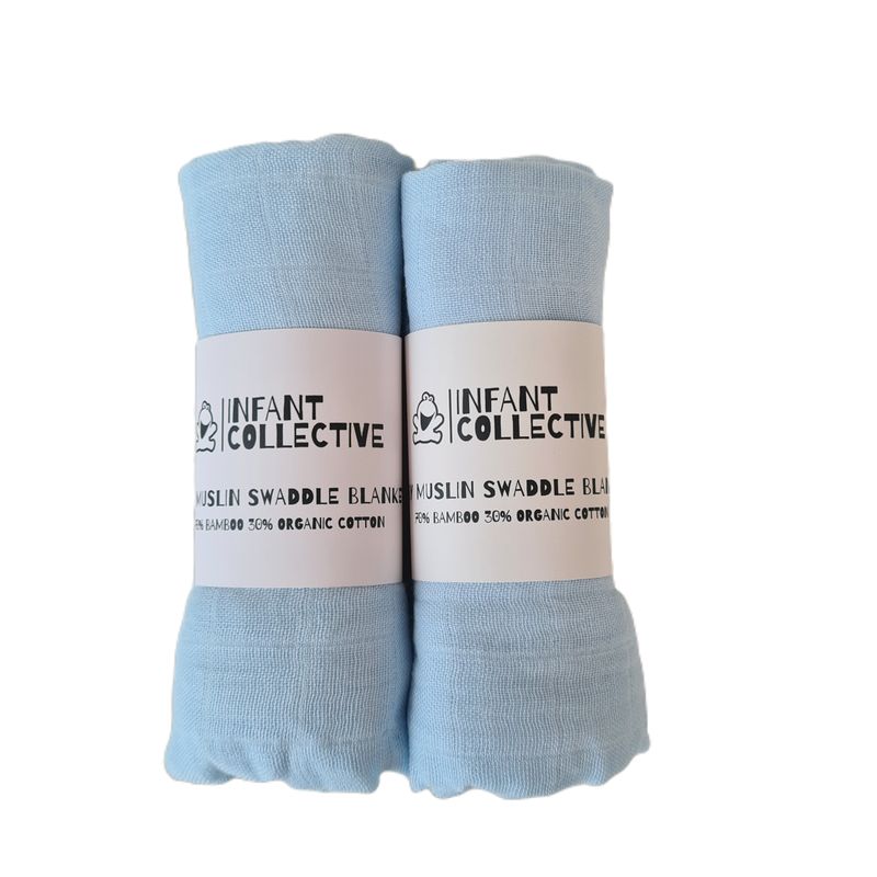 Infant Collective, Medium, Baby Muslin, Swaddle, Cloth, 100% Organic Cotton (70% Bamboo/30% Cotton) 60x60cm, Blue x2