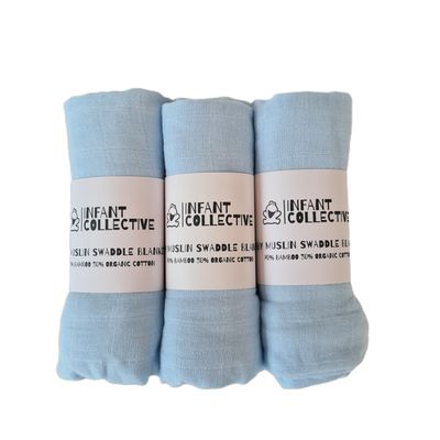 Infant Collective, Medium, Baby Muslin, Swaddle, Cloth, 100% Organic Cotton (70% Bamboo/30% Cotton) 60x60cm, Blue x3