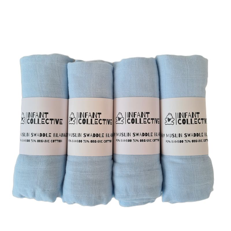 Infant Collective, Medium, Baby Muslin, Swaddle, Cloth, 100% Organic Cotton (70% Bamboo/30% Cotton) 60x60cm, Blue x4