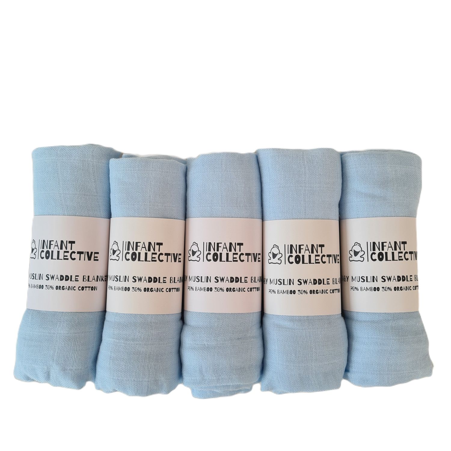 Infant Collective, Medium, Baby Muslin, Swaddle, Cloth, 100% Organic Cotton (70% Bamboo/30% Cotton) 60x60cm, Blue x5