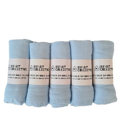Infant Collective, Medium, Baby Muslin, Swaddle, Cloth, 100% Organic Cotton (70% Bamboo/30% Cotton) 60x60cm, Blue x5