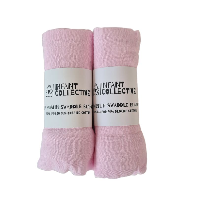 Infant Collective, Medium, Baby Muslin, Swaddle, Cloth, 100% Organic Cotton (70% Bamboo/30% Cotton) 60x60cm, Pink x2