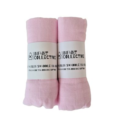 Infant Collective, Medium, Baby Muslin, Swaddle, Cloth, 100% Organic Cotton (70% Bamboo/30% Cotton) 60x60cm, Pink x2