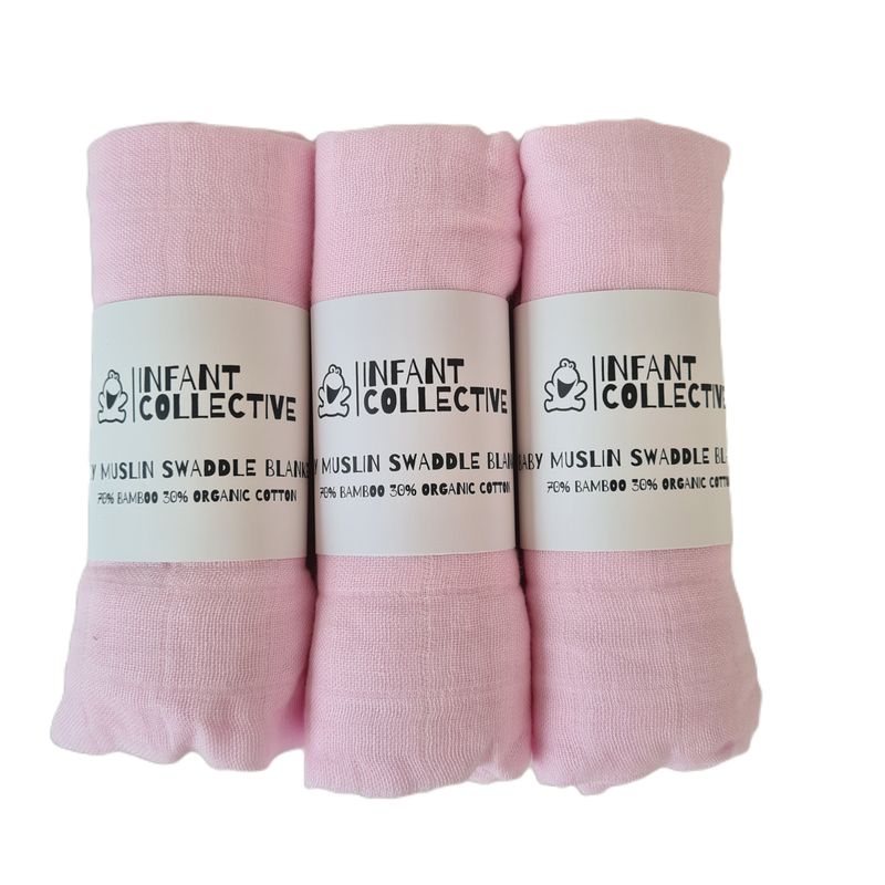 Infant Collective, Medium, Baby Muslin, Swaddle, Cloth, 100% Organic Cotton (70% Bamboo/30% Cotton) 60x60cm, Pink x3