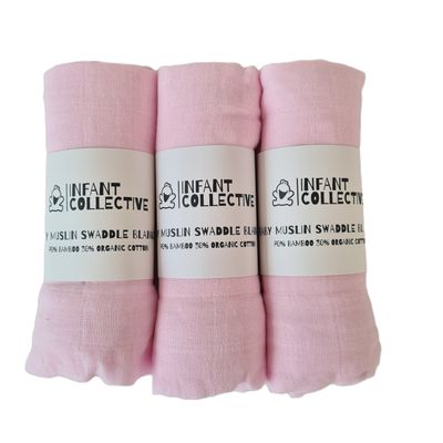 Infant Collective, Medium, Baby Muslin, Swaddle, Cloth, 100% Organic Cotton (70% Bamboo/30% Cotton) 60x60cm, Pink x3