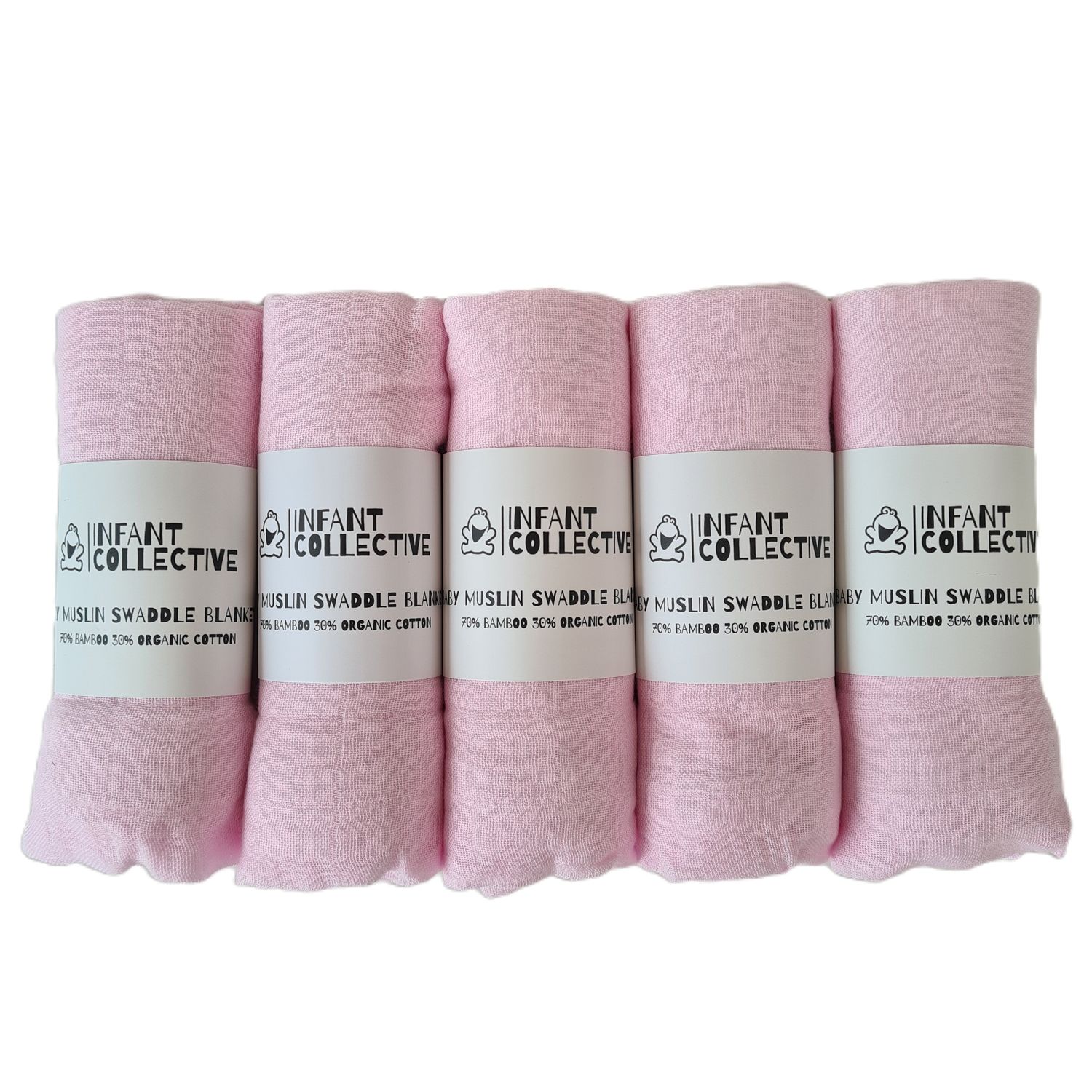 Infant Collective, Medium, Baby Muslin, Swaddle, Cloth, 100% Organic Cotton (70% Bamboo/30% Cotton) 60x60cm, Pink x5