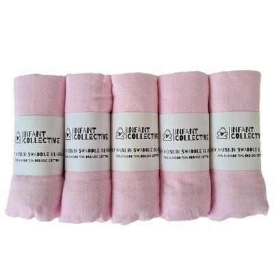 Infant Collective, Medium, Baby Muslin, Swaddle, Cloth, 100% Organic Cotton (70% Bamboo/30% Cotton) 60x60cm, Pink x5