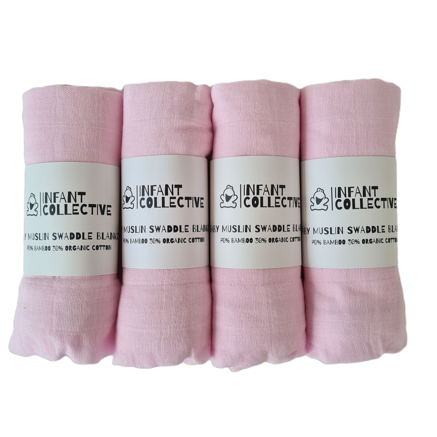 Infant Collective, Medium, Baby Muslin, Swaddle, Cloth, 100% Organic Cotton (70% Bamboo/30% Cotton) 60x60cm, Pink x4