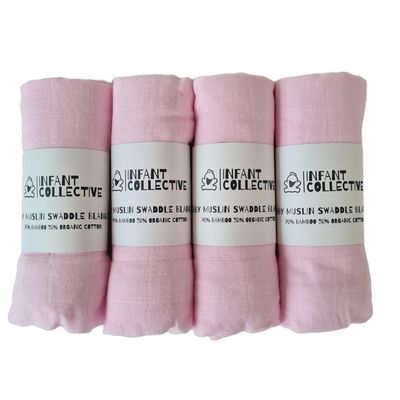 Infant Collective, Medium, Baby Muslin, Swaddle, Cloth, 100% Organic Cotton (70% Bamboo/30% Cotton) 60x60cm, Pink x4