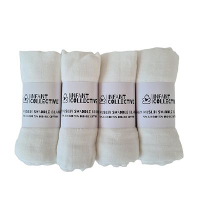 Infant Collective, Medium, Baby Muslin, Swaddle, Cloth, 100% Organic Cotton (70% Bamboo/30% Cotton) 60x60cm, White x4