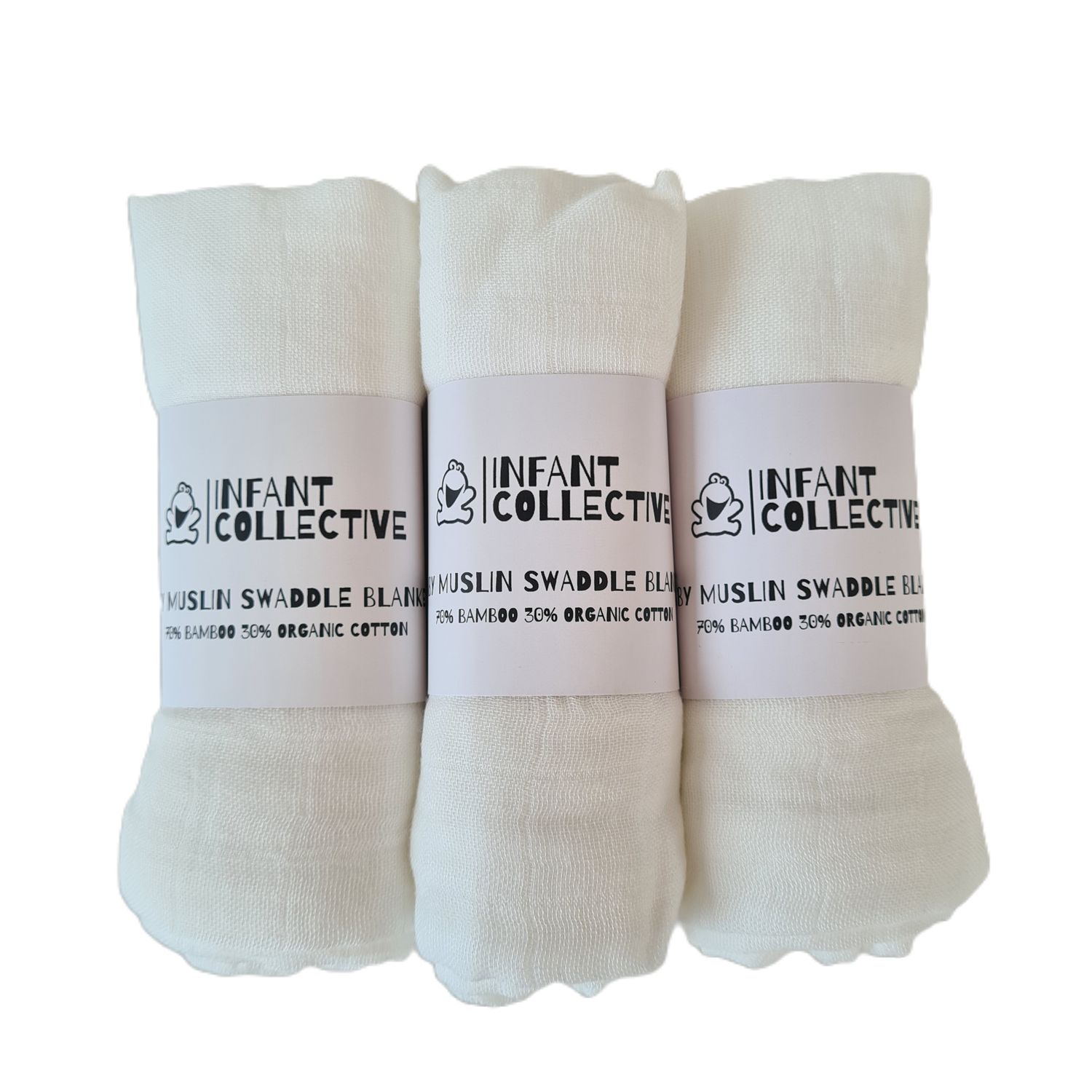 Infant Collective, Medium, Baby Muslin, Swaddle, Cloth, 100% Organic Cotton (70% Bamboo/30% Cotton) 60x60cm, White x3