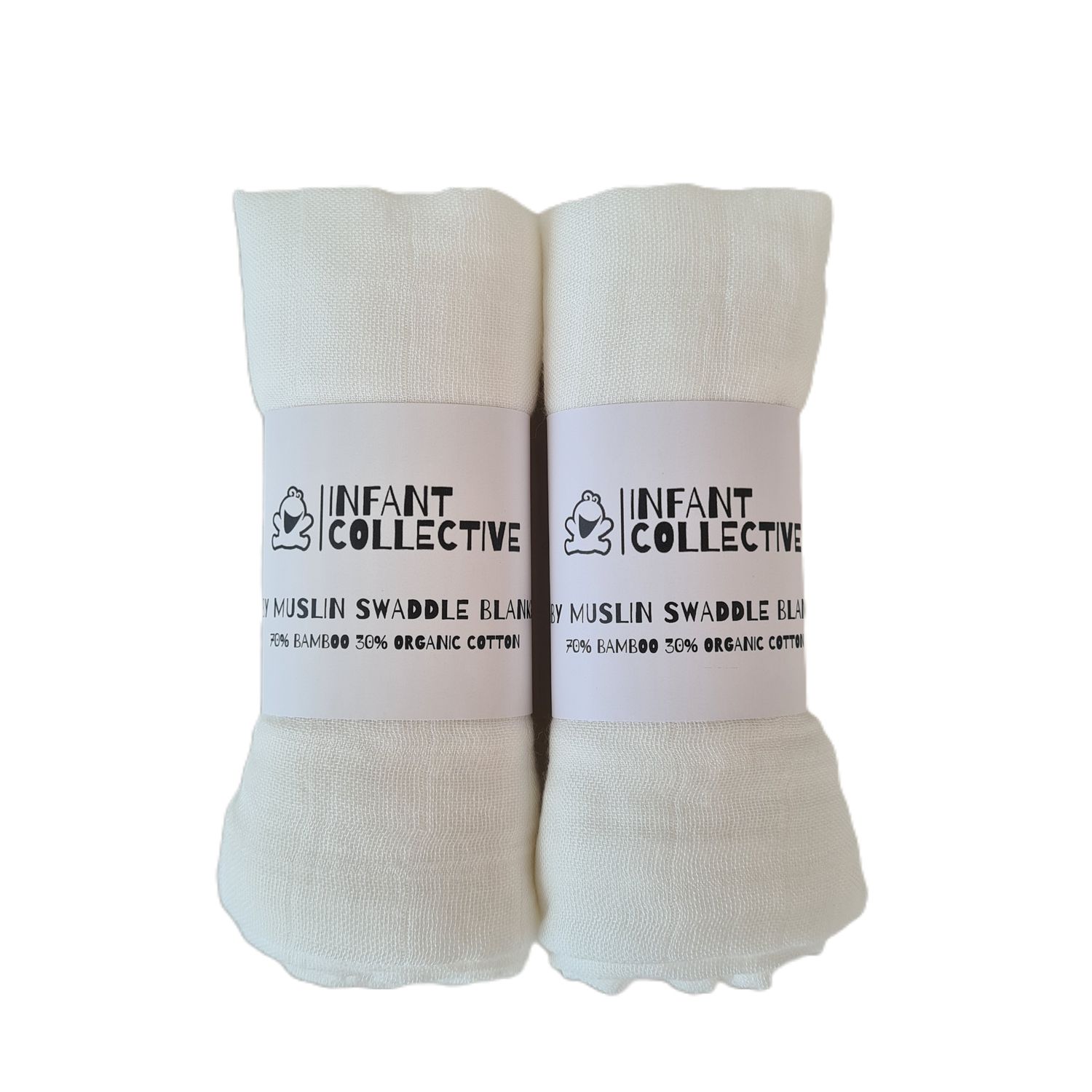 Infant Collective, Medium, Baby Muslin, Swaddle, Cloth, 100% Organic Cotton (70% Bamboo/30% Cotton) 60x60cm, White x2