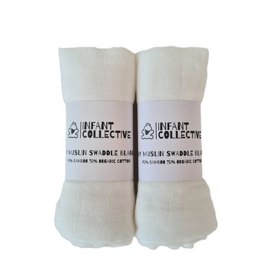 Infant Collective, Medium, Baby Muslin, Swaddle, Cloth, 100% Organic Cotton (70% Bamboo/30% Cotton) 60x60cm, White x2