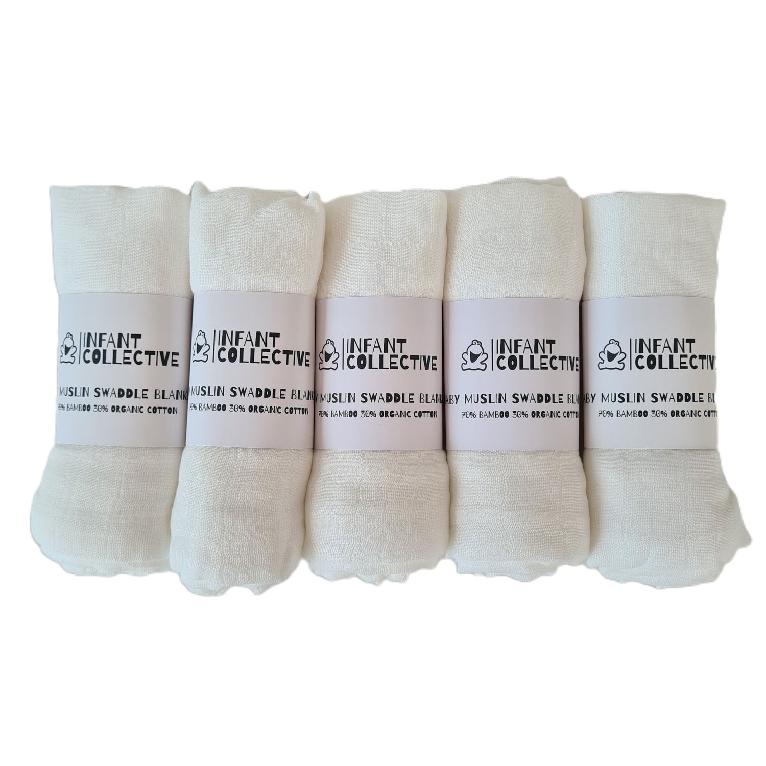 Infant Collective, Medium, Baby Muslin, Swaddle, Cloth, 100% Organic Cotton (70% Bamboo/30% Cotton) 60x60cm, White x5