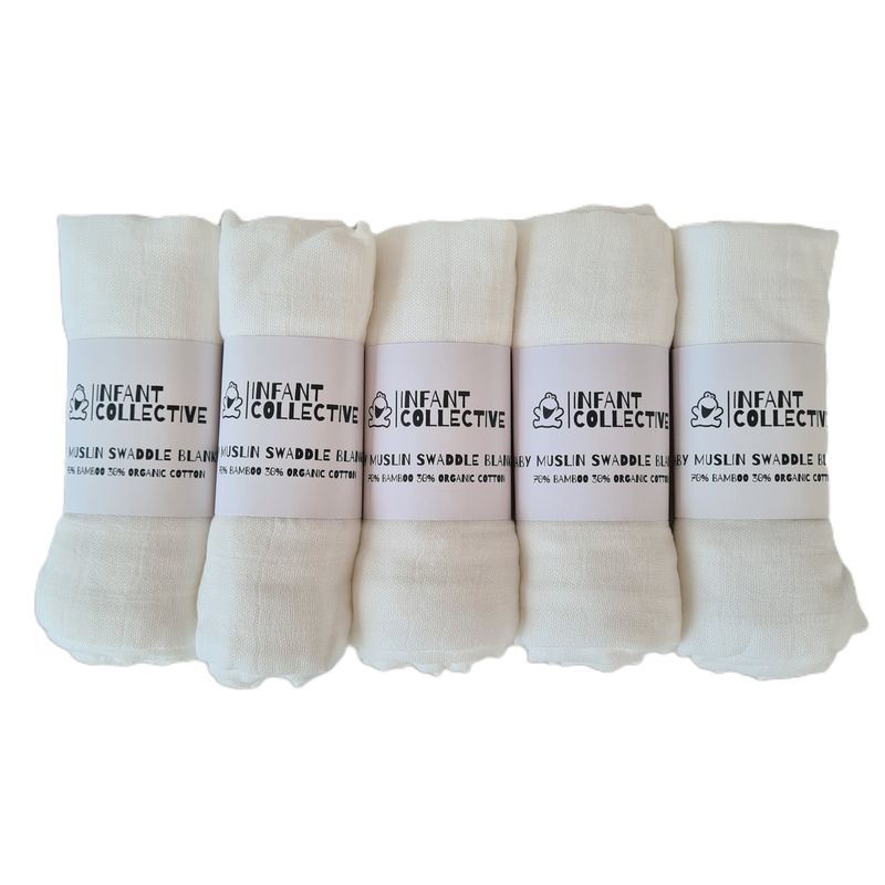 Infant Collective, Medium, Baby Muslin, Swaddle, Cloth, 100% Organic Cotton (70% Bamboo/30% Cotton) 60x60cm, White x5