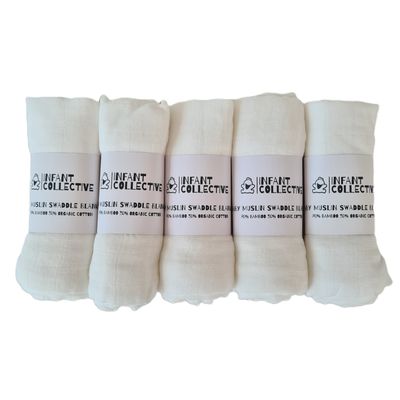 Infant Collective, Medium, Baby Muslin, Swaddle, Cloth, 100% Organic Cotton (70% Bamboo/30% Cotton) 60x60cm, White x5