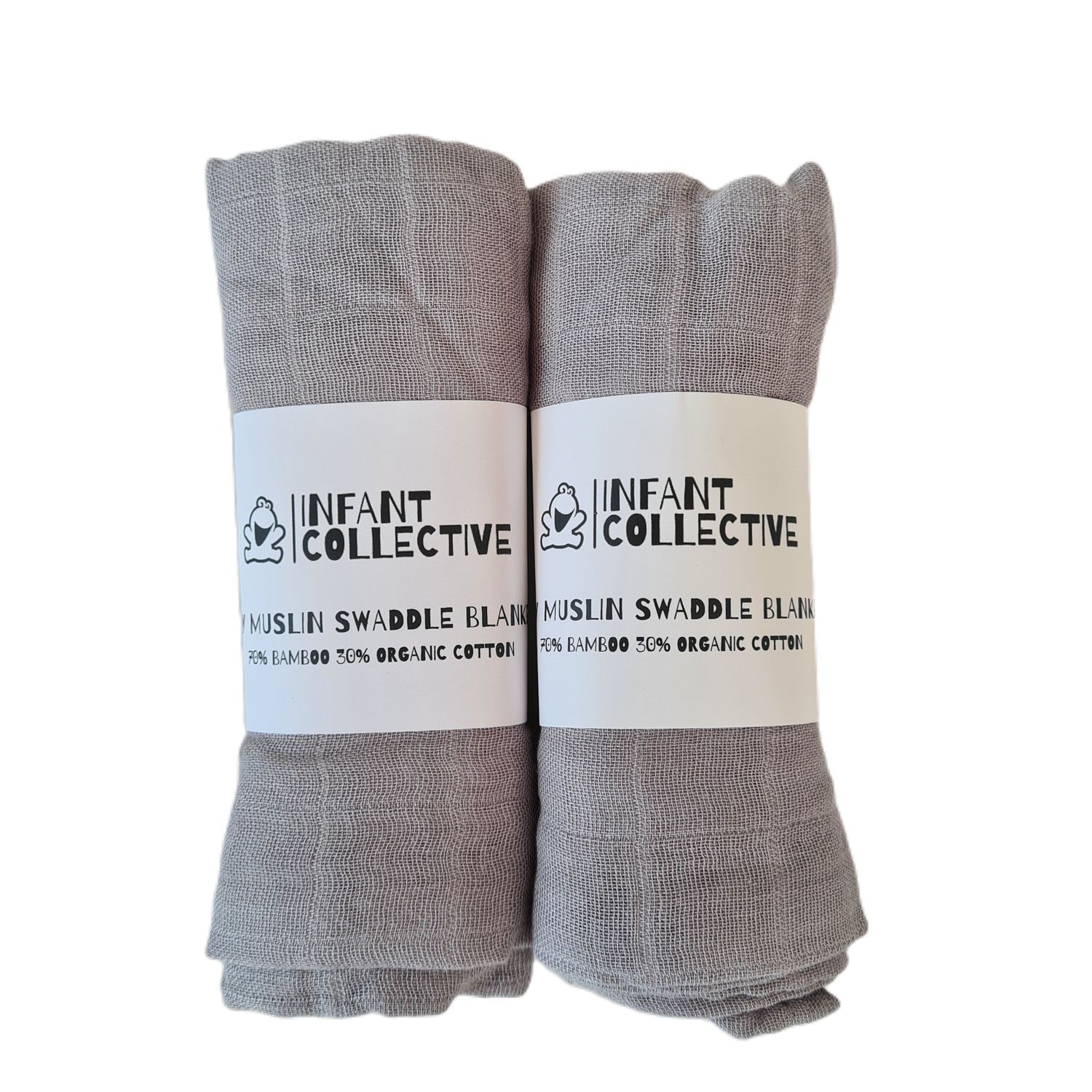 Infant Collective, Medium, Baby Muslin, Swaddle, Cloth, 100% Organic Cotton (70% Bamboo/30% Cotton) 60x60cm, Grey x2