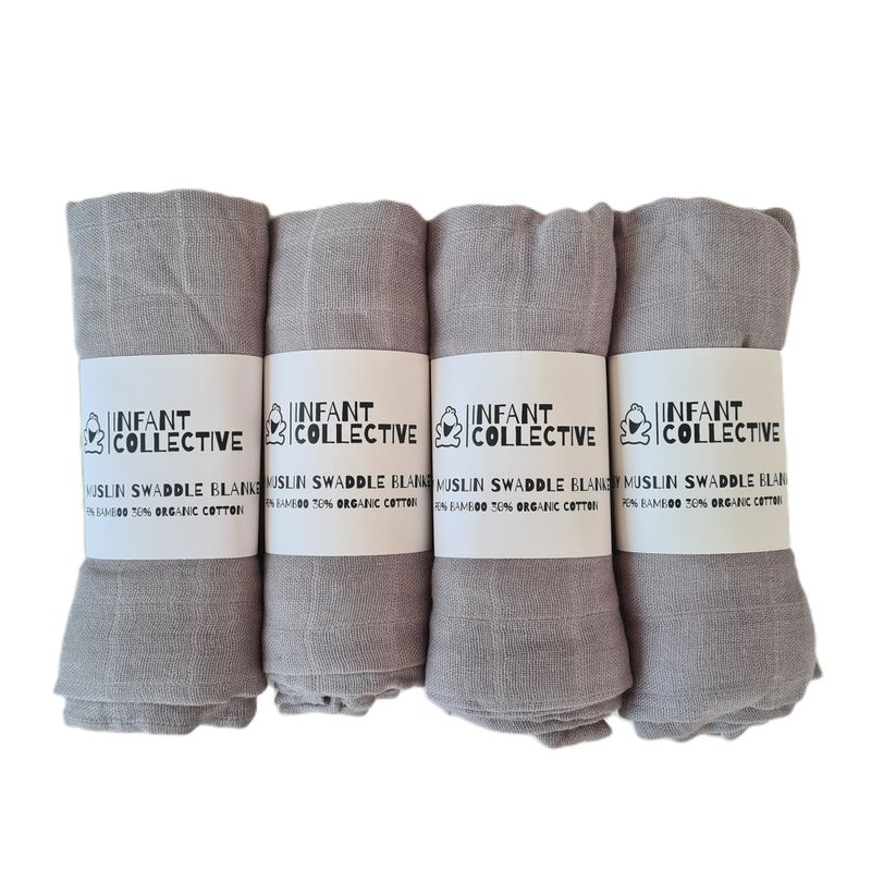 Medium, Baby Muslin, Swaddle, Cloth, 100% Organic Cotton, Grey x4