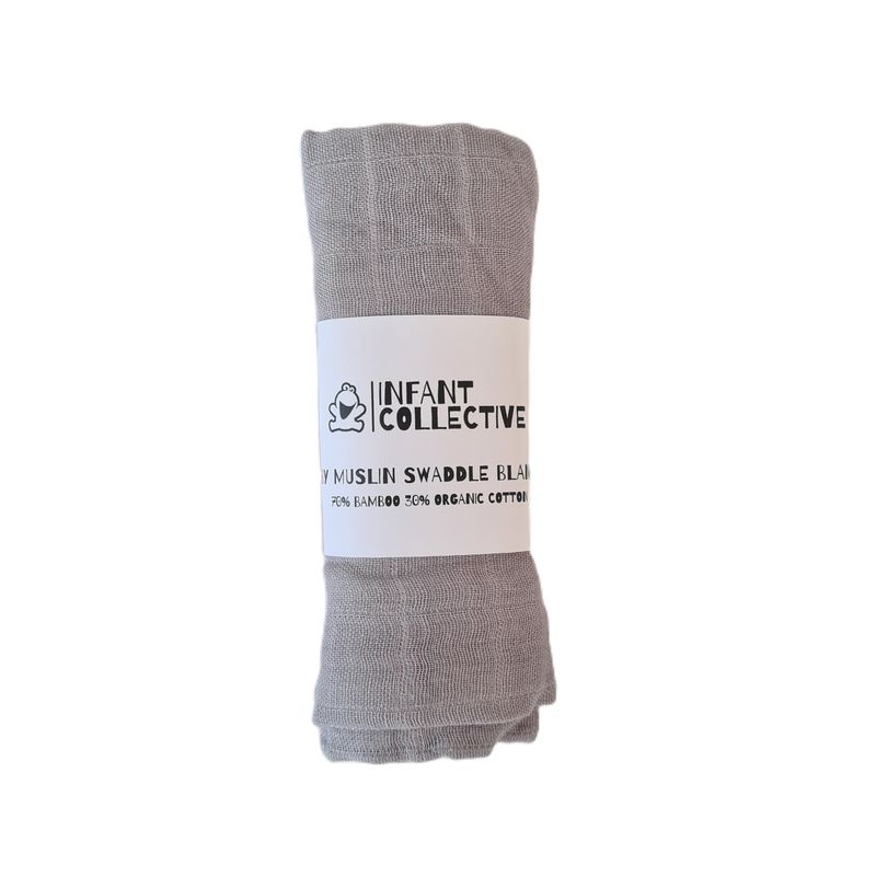 Infant Collective, Medium, Baby Muslin, Swaddle, Cloth, 100% Organic Cotton (70% Bamboo/30% Cotton) 60x60cm, Grey