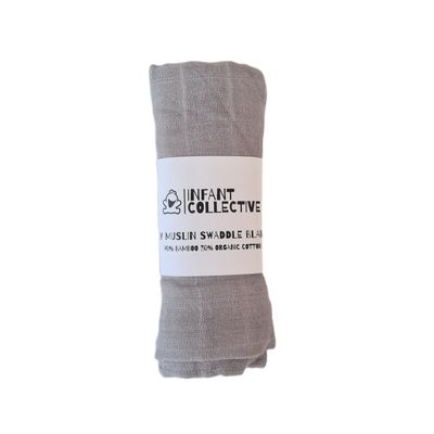 Infant Collective, Medium, Baby Muslin, Swaddle, Cloth, 100% Organic Cotton (70% Bamboo/30% Cotton) 60x60cm, Grey