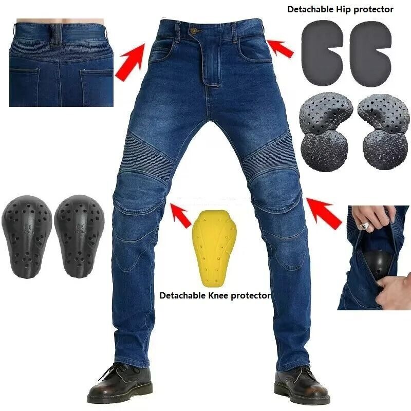 Pantalones Vaqueros Bordados para Motocicleta con Protección en Glúteos y Rodillas para Hombre