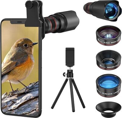 Selvim Handy Objektiv Linse Kit Lens Set 22X Teleobjektiv, 25X Makro Objektiv, 0,62X Weitwinkel, 235° Fischaugenobjektiv für iOS iPhone und meisten Android Smartphone