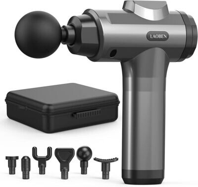 LAOBEN Massage gun, muscle massager, 20 tuned intensity levels, 6 massage heads, 3200 rpm, USB-C charging port, for muscle relaxation and pain relief, grey