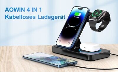 4 in 1 Induktive ladestation, AOWIN 15W Wireless Charger Foldable Kabelloses Ladegerät for iPhone 14/13/12/11/XS/XR/X Series Apple Watch 8/7/6/Se/5/4/3/2 AirPods Pro 2 Samsung Huawei, Schwarz 2, B-18