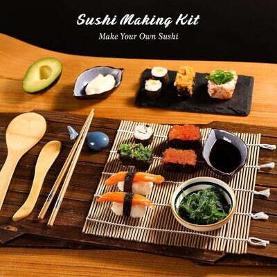 MUDEELA Sushi Set, Bambus Sushi Matte, Maker für Anfänger, karbonisierte Rollmatte, 2 Rollmatten - 5 Paar Essstäbchen - 1 Reisstreuer - 1 Paddel