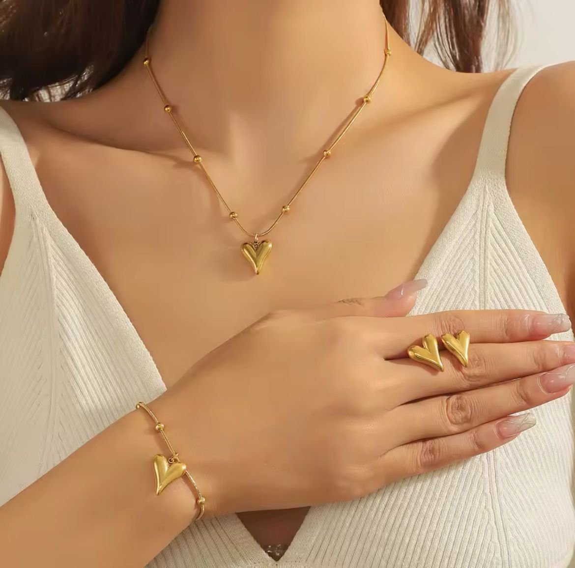 Stainless Steel Golden Hollow Heart Necklace Earrings Bracelet Set