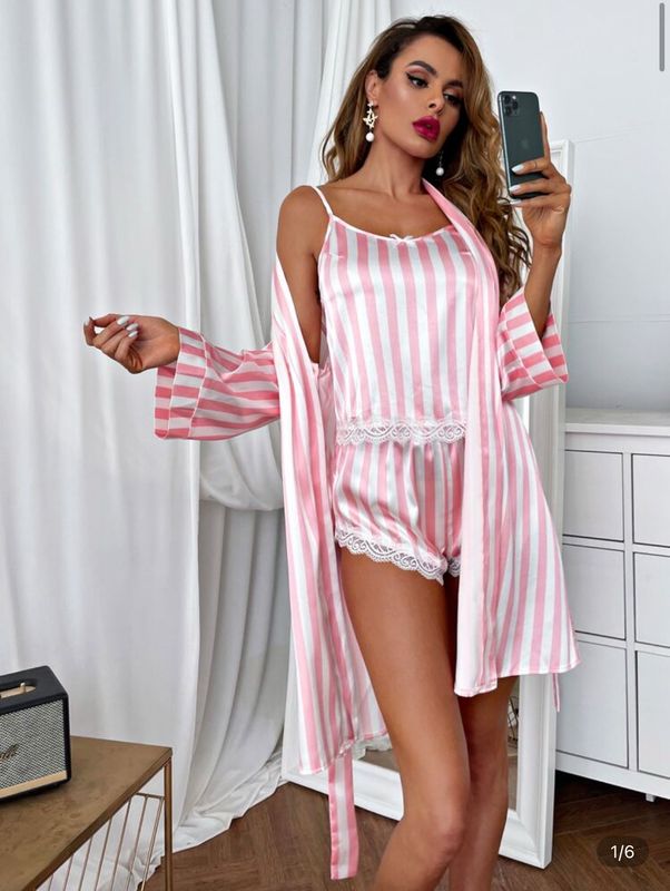 3 Piece Satin Stripe Robe Set