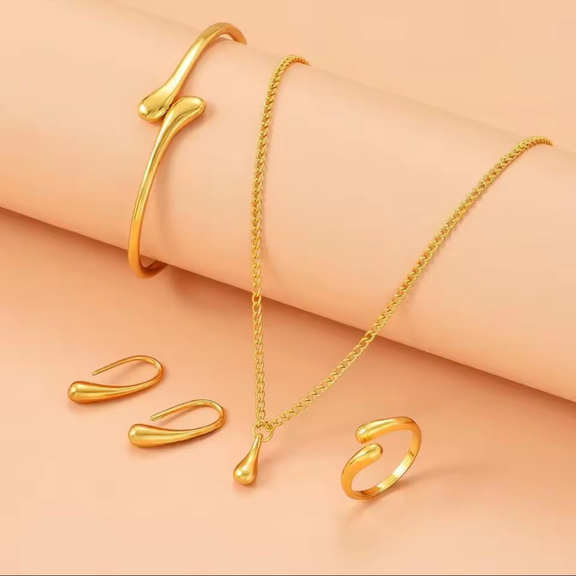 4Pcs 925 Sterling Water Drop Earring Ring Bracelet Set