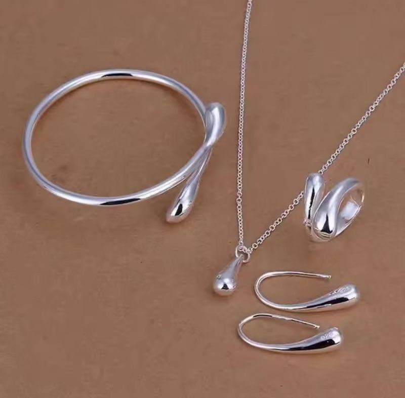 4Pcs 925 Sterling Silver Water Drop Earring Ring Bracelet Set