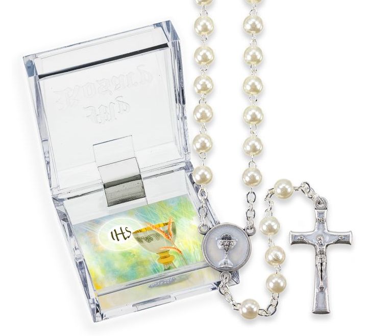White Pearlized Glass Bead First Communion Rosary