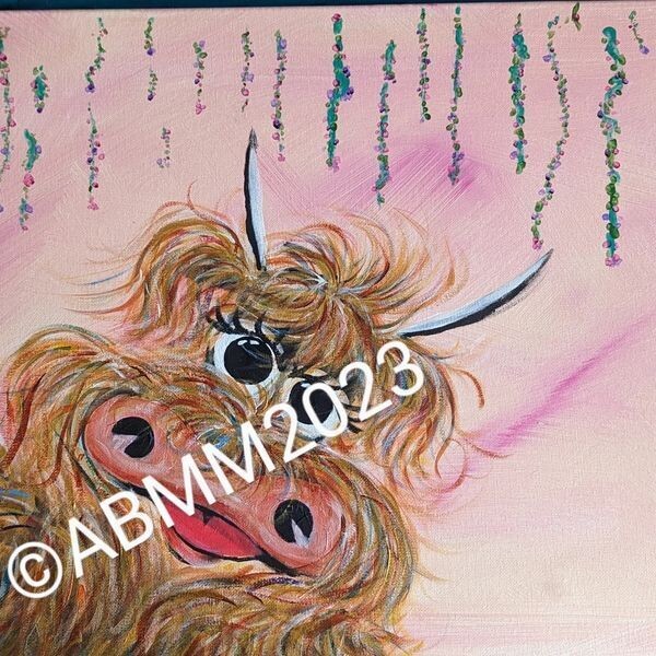 Signature highland cow with Rainbow fur /hair on pink/cream background and hanging violet tendrils.