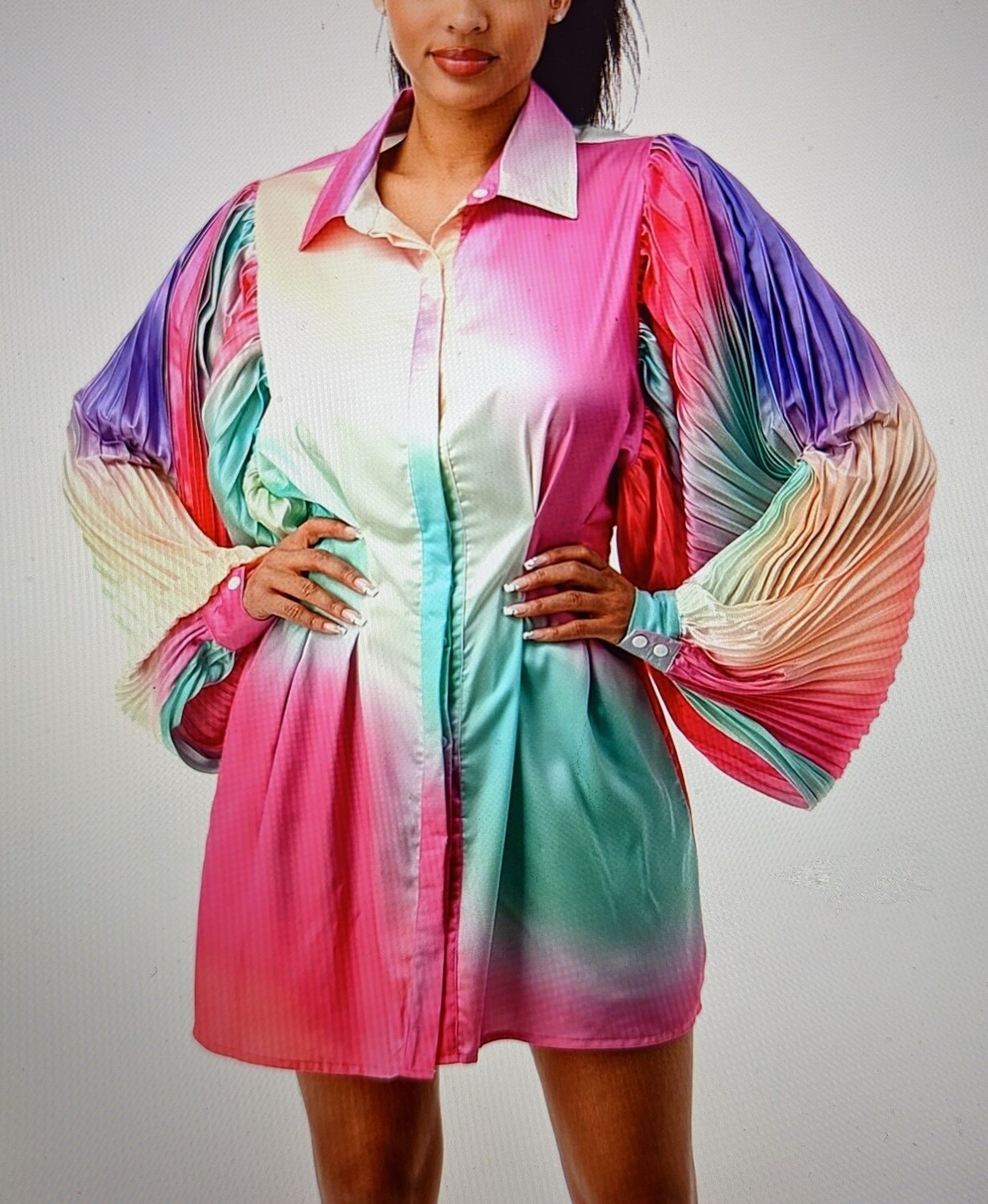 PLEATED PUFF SLEEVE DRESS