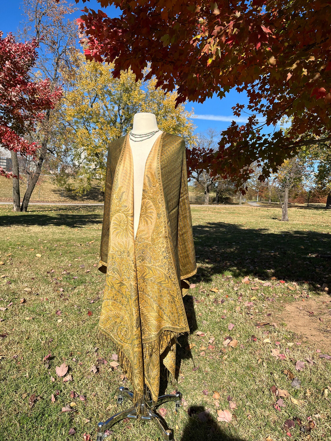 Green Olive And Gold Palm Travel Cape With Tote