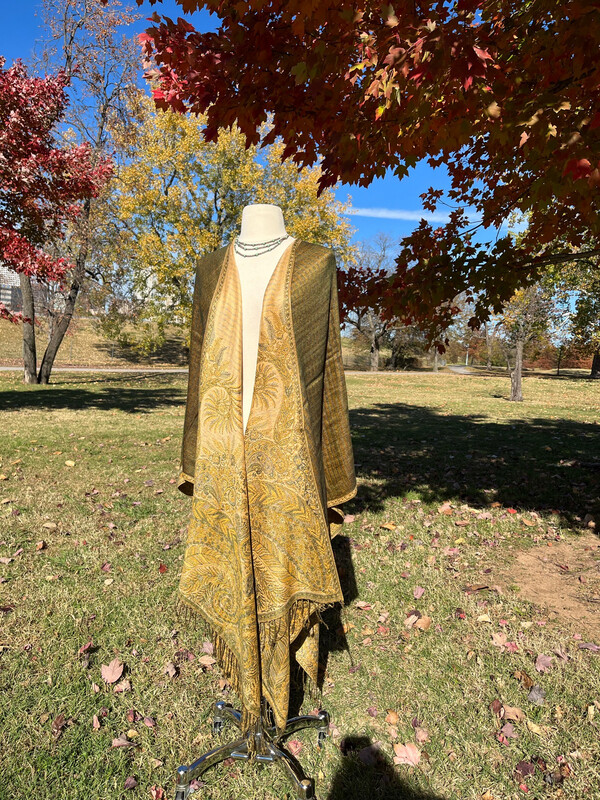 Green Olive And Gold Palm Travel Cape With Tote