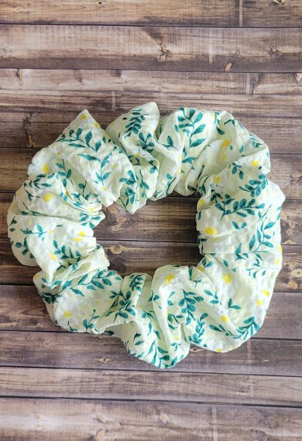 Hair Scrunchie: Pale Yellow W/Little White Flowers