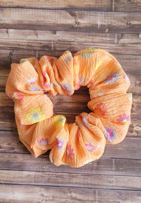Hair Scrunchie: Light Orange W/ Multicolored Floral