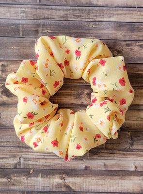 Hair Scrunchie: Light Yellow W/Small Red Floral