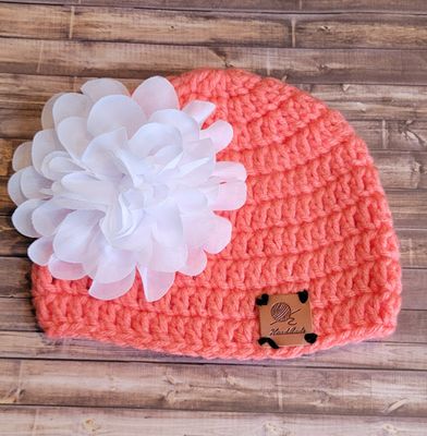 Crochet Beanie Hat: 3-6 Months: Coral