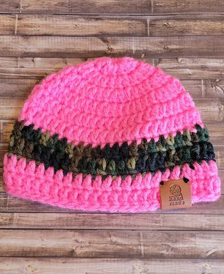 Crochet Beanie Hat: 3-6 Months: Pink w/Camouflage