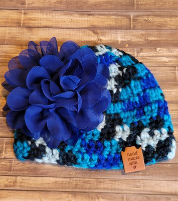 Crochet Beanie Hat: 0-3 Months: Blue Mix