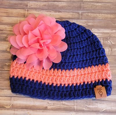 Crochet Beanie Hat: 6-9 Months: Blue w/Coral Stripe