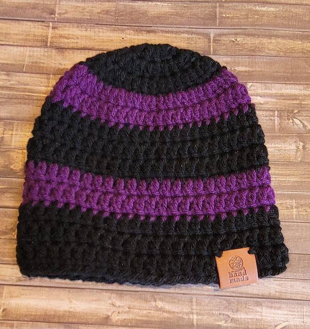 Crochet Beanie Hat: 6-9 Months: Black w/Purple Stripes