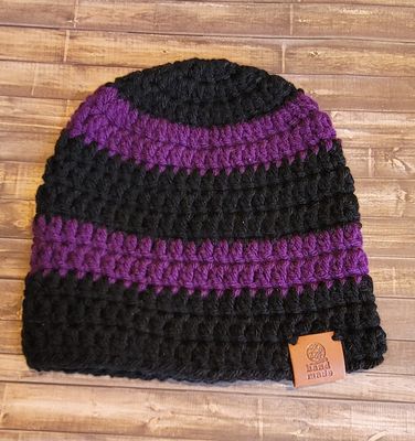 Crochet Beanie Hat: 6-9 Months: Black w/Purple Stripes